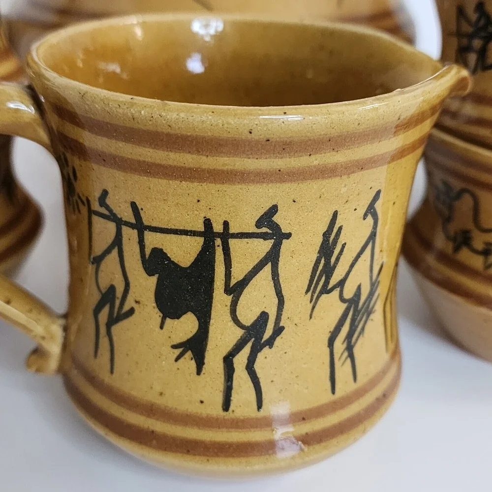 Vintage Ceramic Teapot & 5 Mugs Set Tribal Folk‎ Art People Design